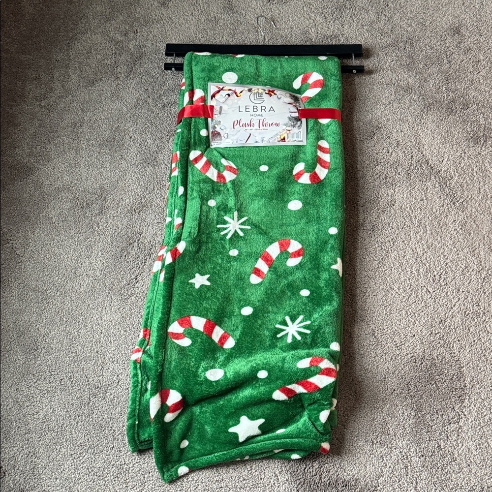 Lebra Home Christmas Green Candy Cane Plush Throw Blanket